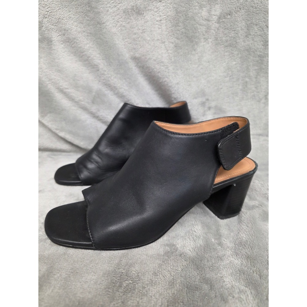 Johnston & Murphy Womens Black Leather Peep Toe Block Heel Slingback 8M 78-52401